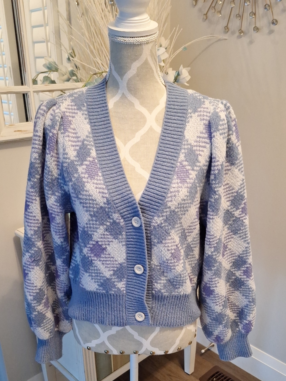 Lavender Plaid V-Neck Button Sweater Cardigan